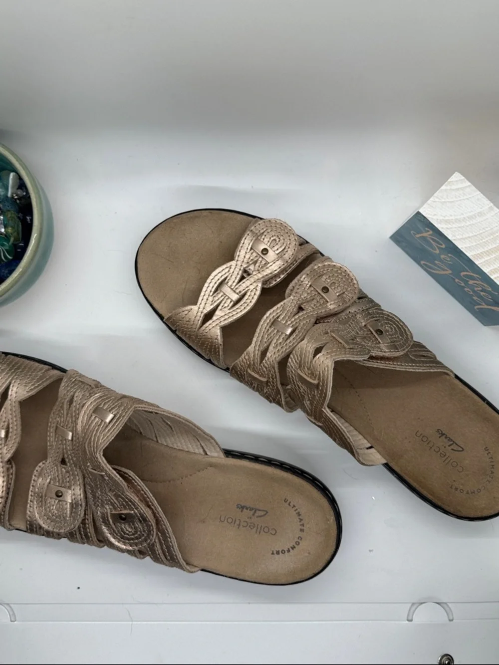 Clarks Gold / Rose Gold Braided Multi-Strap Slide Sandals - Picture 9 of 10